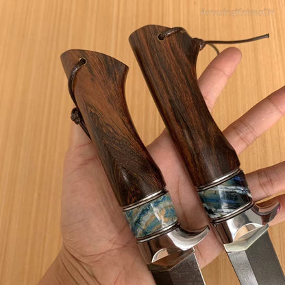 Handcrafted Wootz Steel Fixed Blade Bowie Collectible Knife Desert Ironwood Handle with Leather Sheath - AK-HT0957