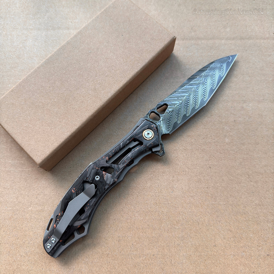 Handmade Japanese VG10 Damascus Folding Pocket Knife Carbon Fiber w/ Clip- AK-HT0939