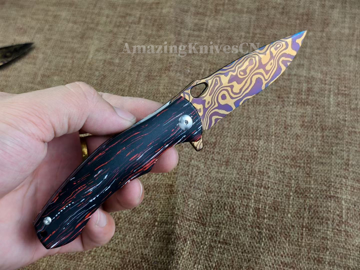 Collectible Nickel Damascus Folding Knife Pocket Knife with Leather Sheath - AK-HT1009