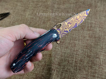 Collectible Nickel Damascus Folding Knife Pocket Knife with Leather Sheath - AK-HT1009