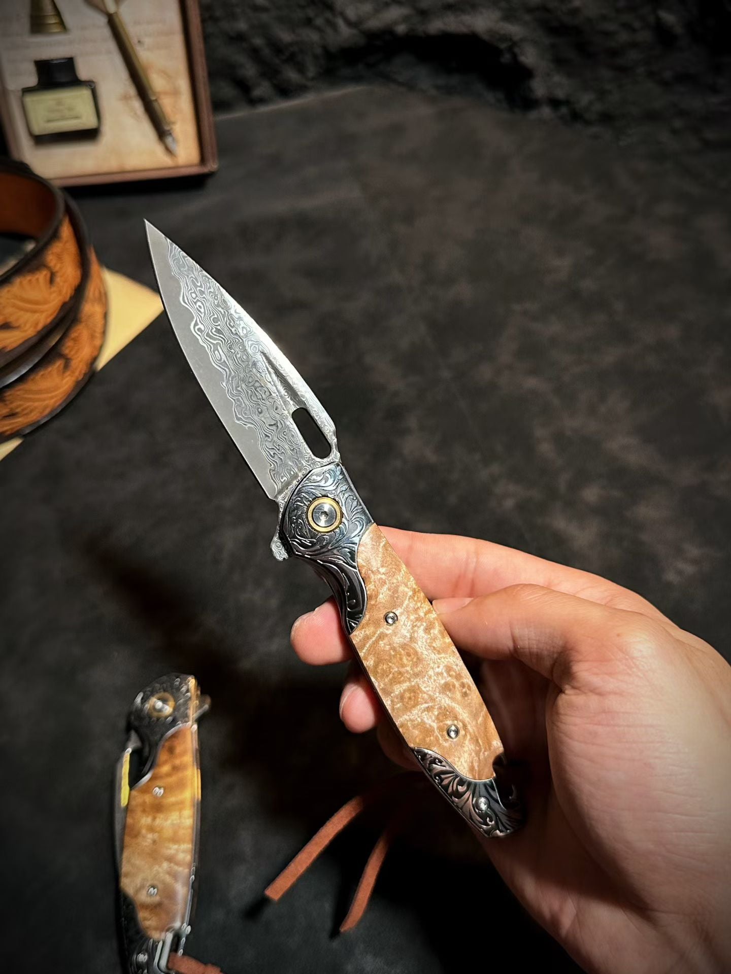 Premium Handmade Damascus Folding Knife with Rare White Burl Wood Handle - AK-HT1058