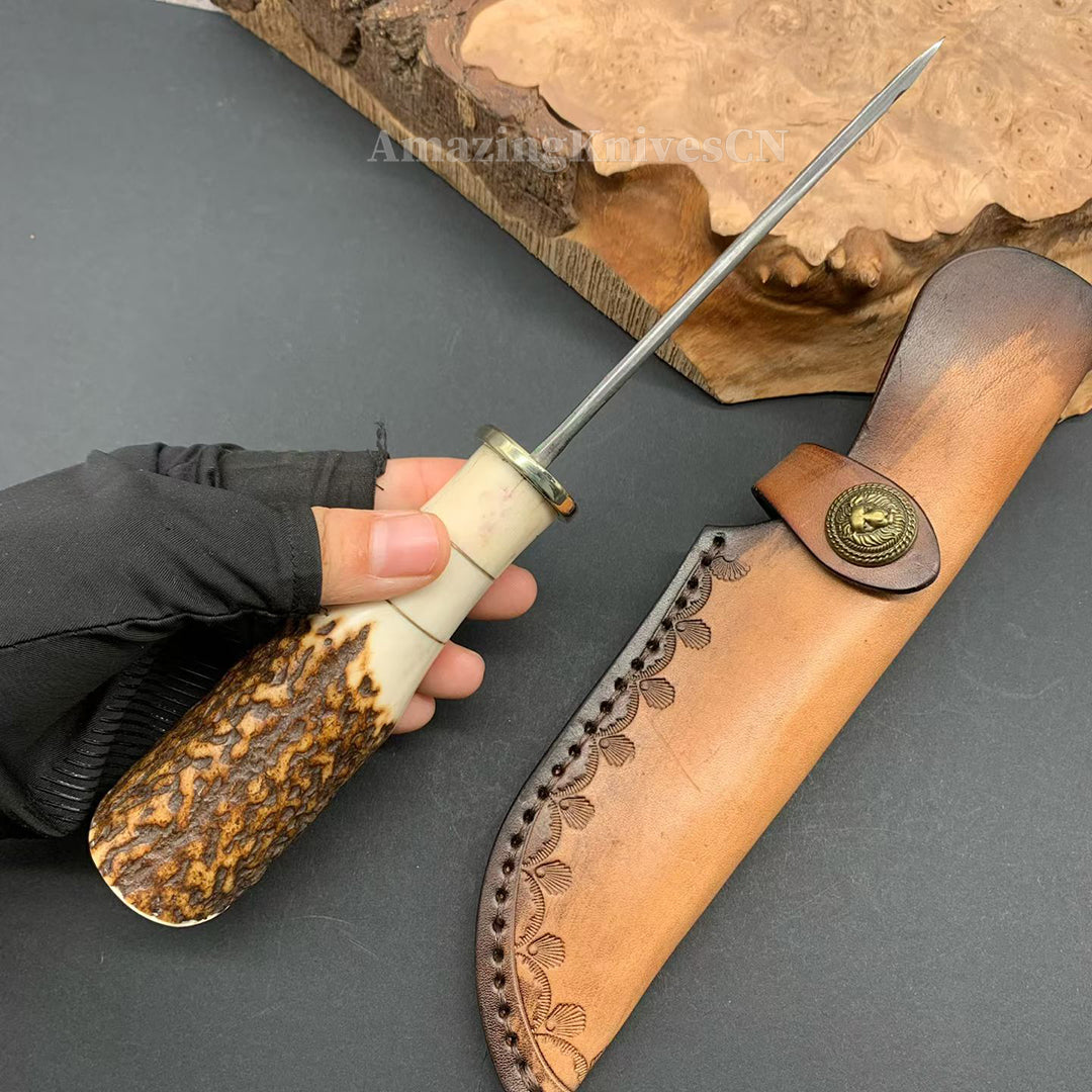 Collectible Vg10 Damascus Hunting Knife Fixed Blade Horn Stag Handle Camping w/ Sheath - AK-HT0331