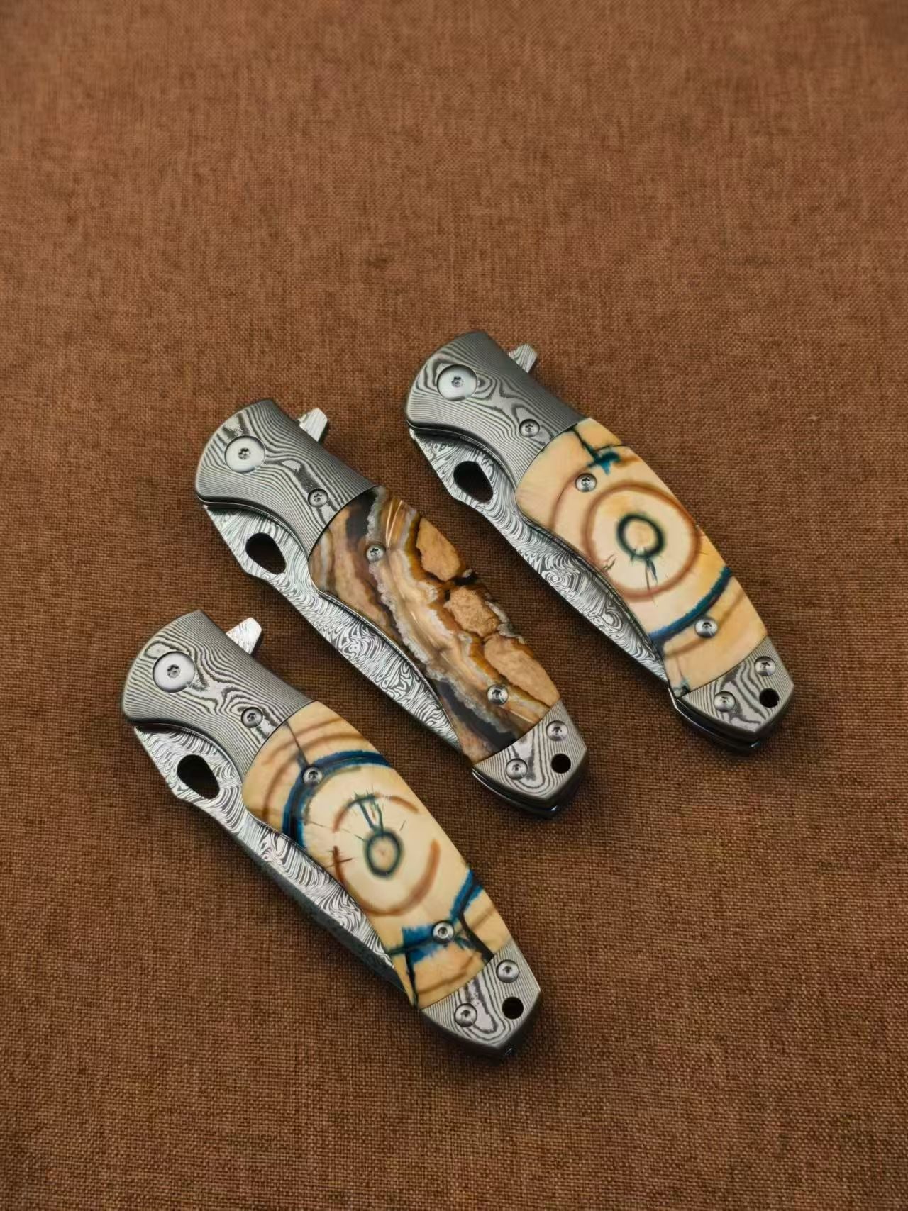 Handmade Powder Damascus Folding Knife – Mammoth Tooth Fossil Handle - AK-HT1069