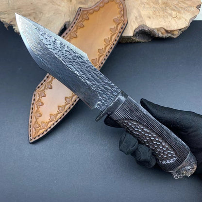 Vg10 Damascus Survival Hunting Knife Fixed Blade Ebony Black Carved Gorilla Head - AK-HT0345
