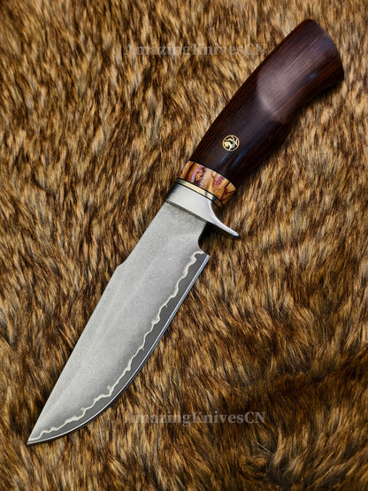 Rare Handforged Damascus Steel Ironwood Straight Hunting Outdoor Knife with Sheath- AK-HT0998