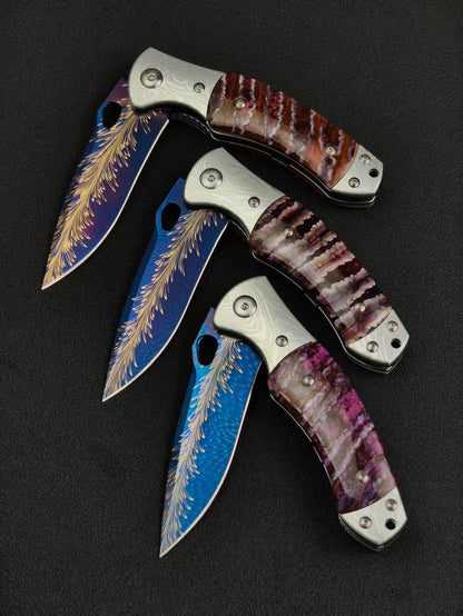 Feather Damascus Steel Folding Knife Mammoth Molar Fossil Handle - AK-HT1041