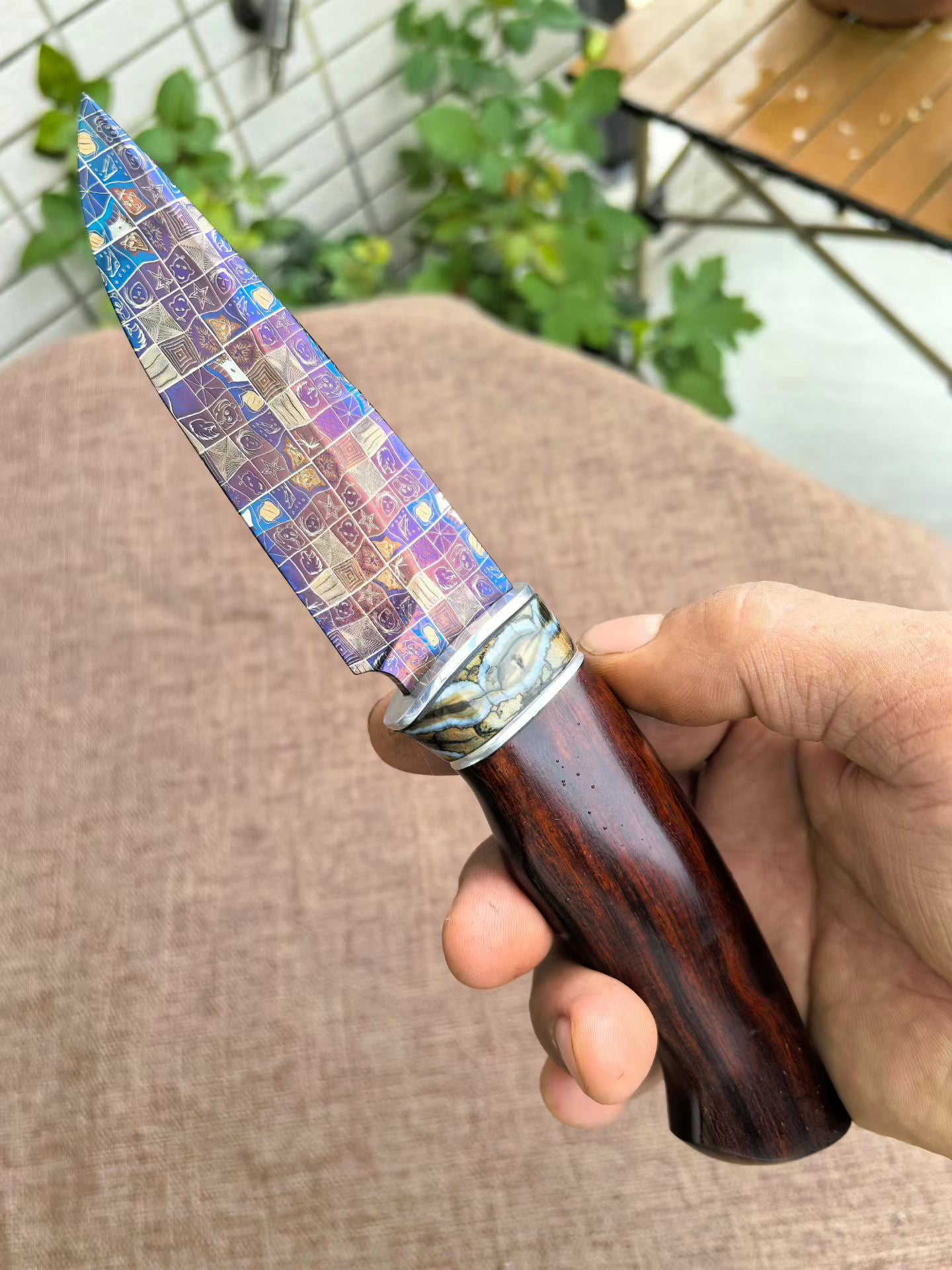 Blued Mosaic Damascus Fixed Blade Mammoth Molar Fossil & Desert Ironwood Edition - AK-HT1062