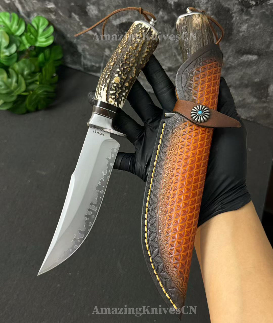 Handmade Japanese Skd-11 Steel Hunting Knife Survival Bowie Knife Full Tang Horn Handle - AK-HT0830