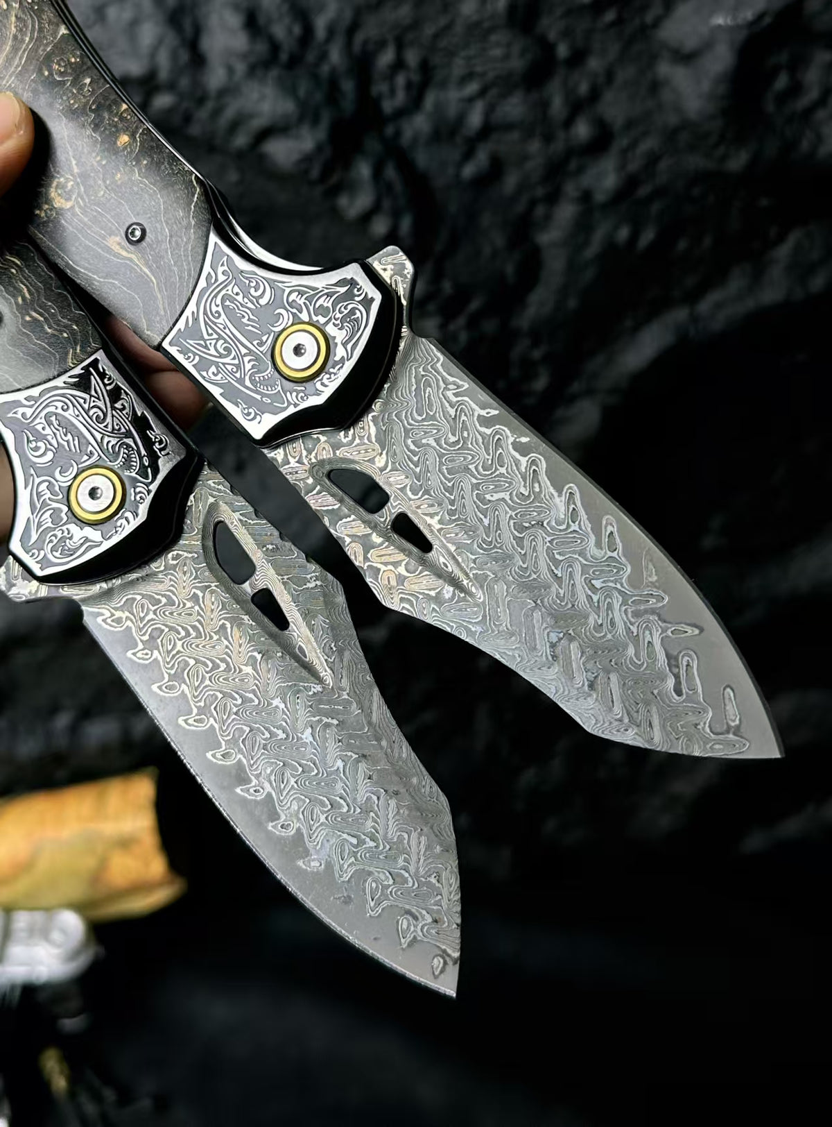 Hand-Forged 78-Layer Damascus Folding Knife – Stabilized Wood Handle - AK-HT0179