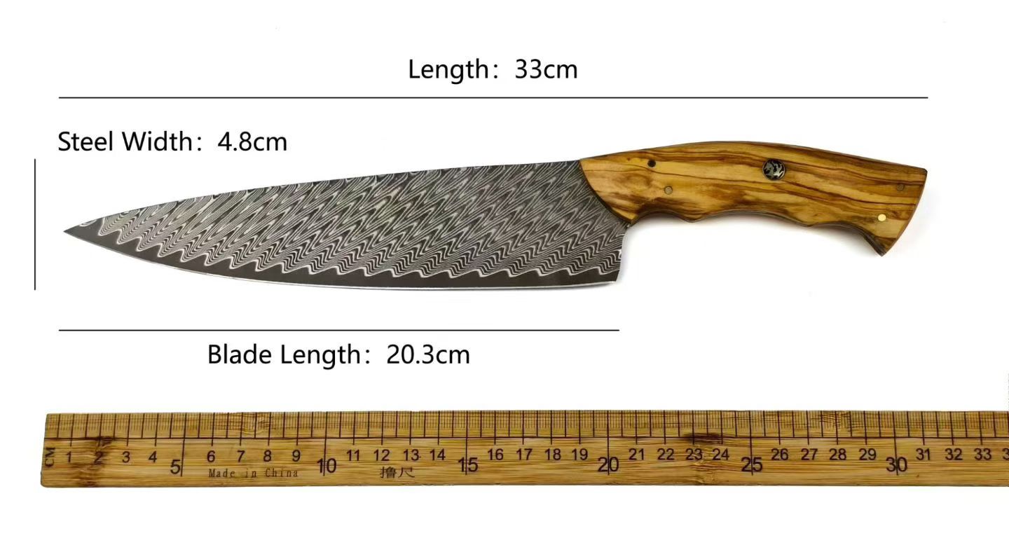 8" VG10 Damascus Chef Knife – Hand-Forged Powder Steel, Olive Wood Handle - AK-DC1042