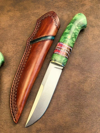 Wootz Steel Knife – Polished Blade, Mammoth Molar Fossil & Stabilized Green Maple Burl Handle - AK-HT1052