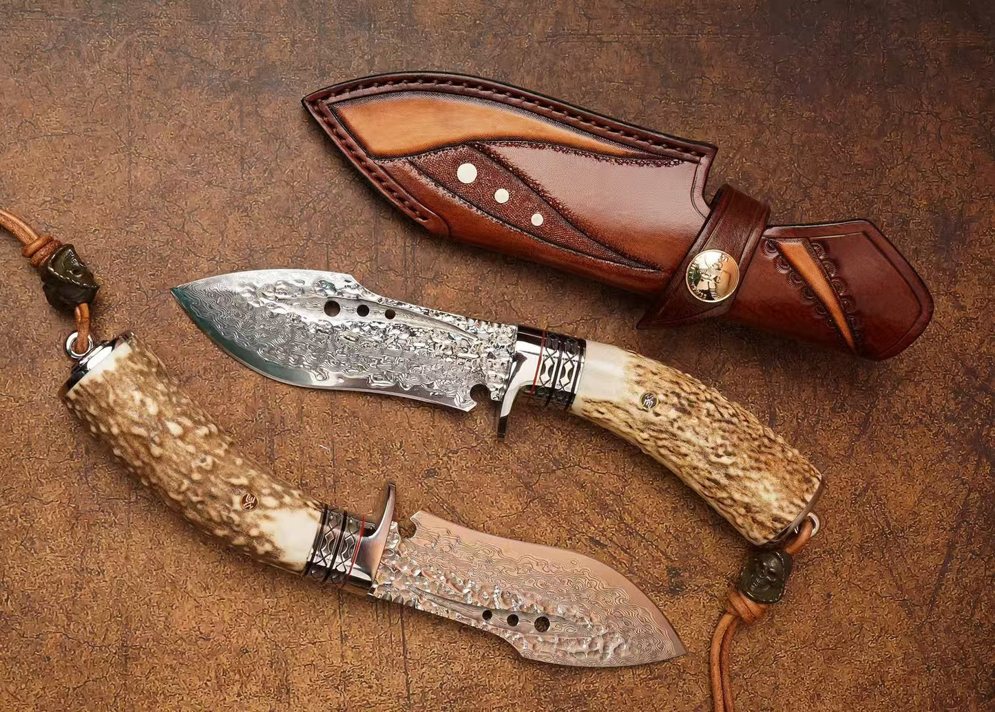 Handcrafted Hunting Knife – VG10 Damascus 67-Layer Steel, Deer Antler Handle, Artisan Leather Sheath - AK-HT1034
