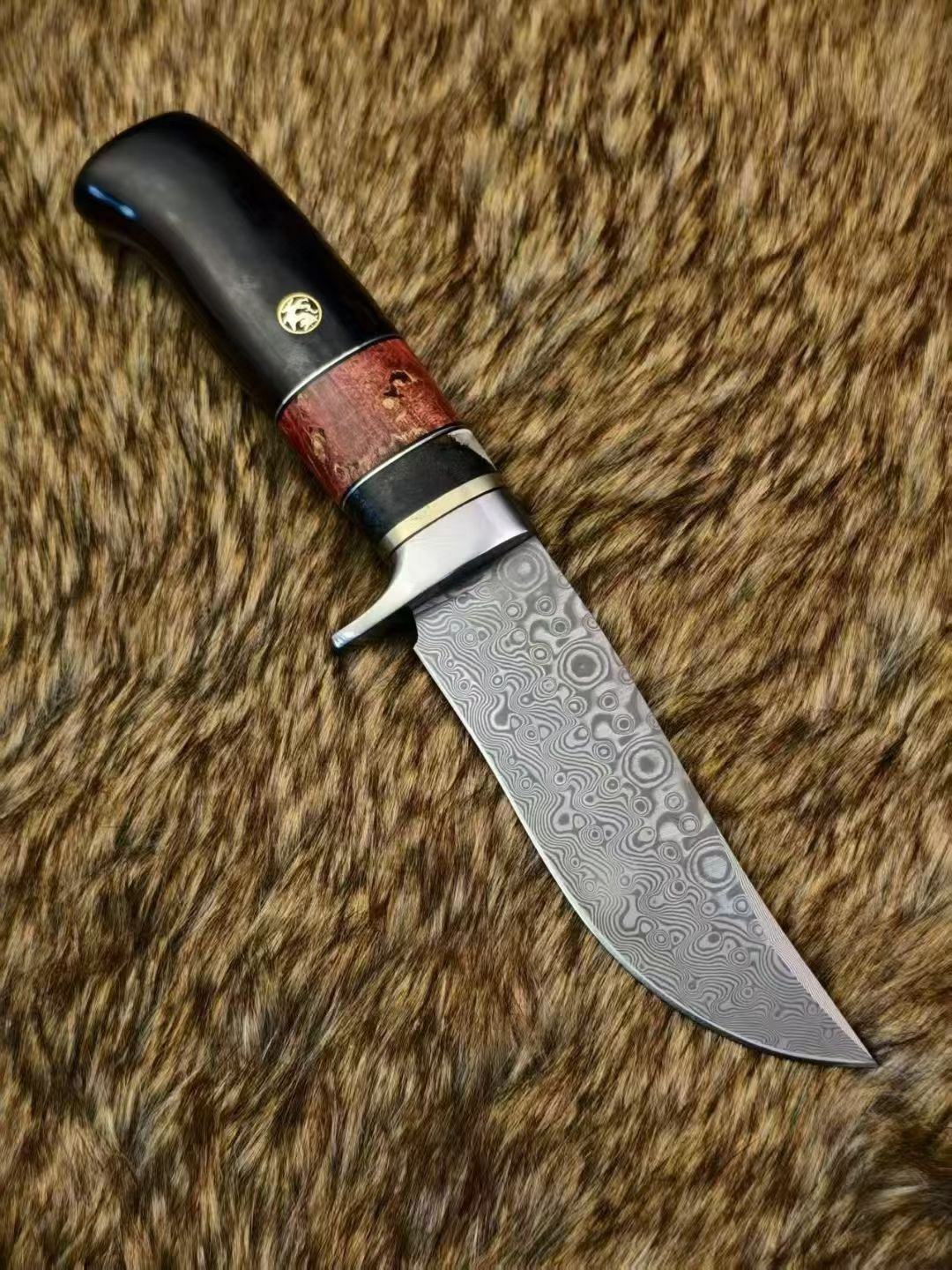 Nordic Fixed Blade Knife – Solid Damascus Steel, Mammoth Molar Fossil & Ebony Burl Handle - AK-HT1050