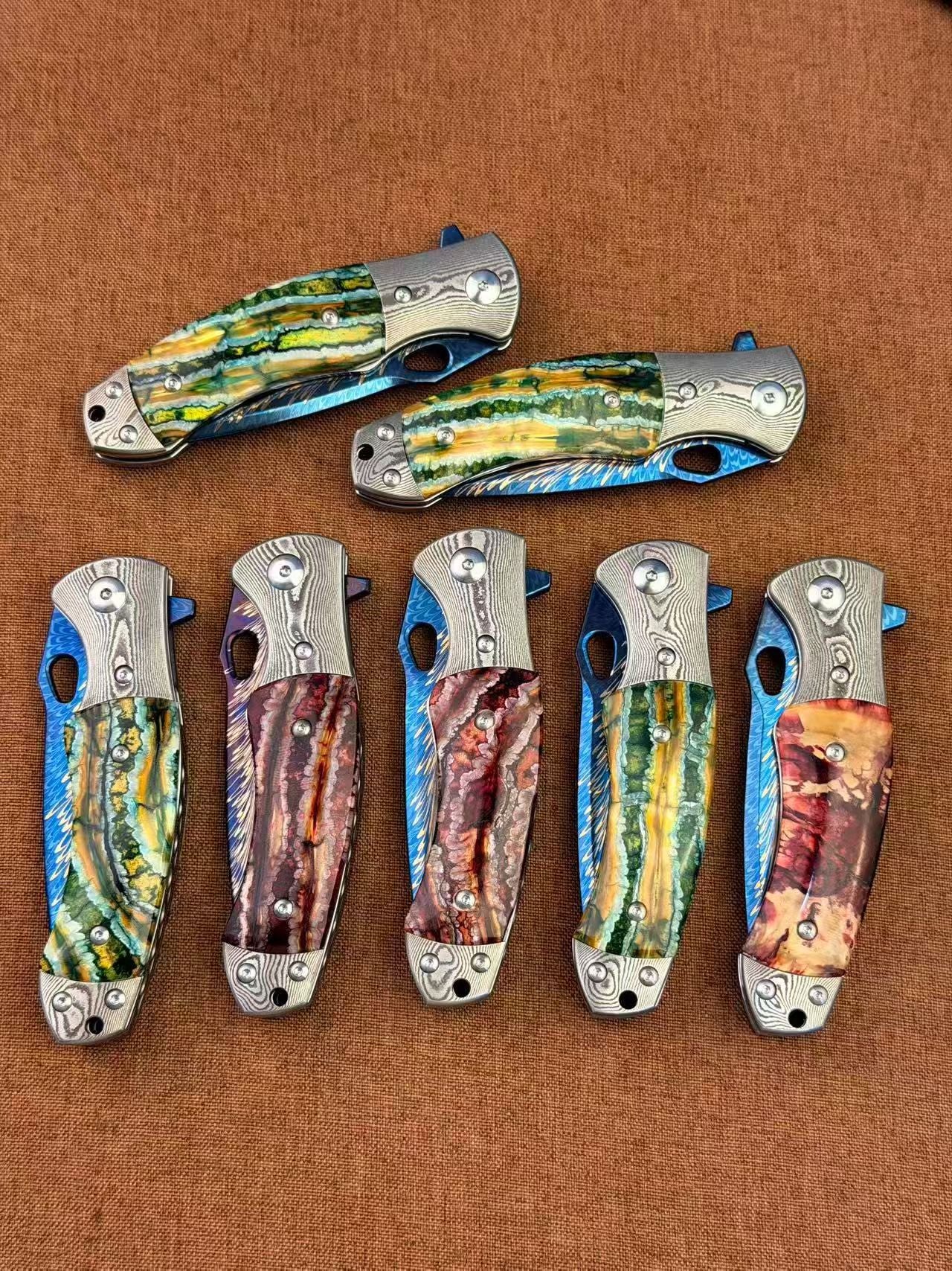 Feather Damascus Steel Folding Knife Mammoth Molar Fossil Handle - AK-HT1041 - R