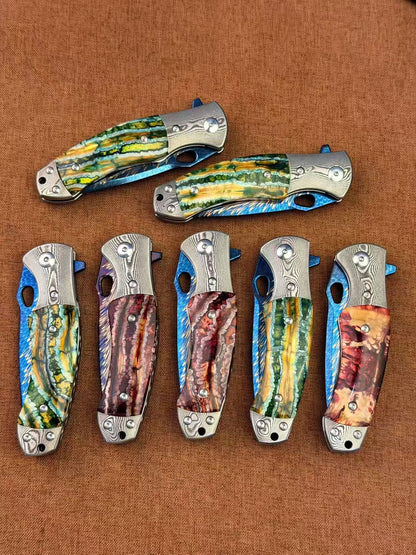 Feather Damascus Steel Folding Knife Mammoth Molar Fossil Handle - AK-HT1041 - R