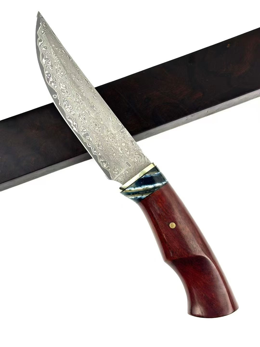 Premium Handmade Damascus Bowie Knife with Mammoth Molar Fossil & Rosewood Handle - AK-HT1049
