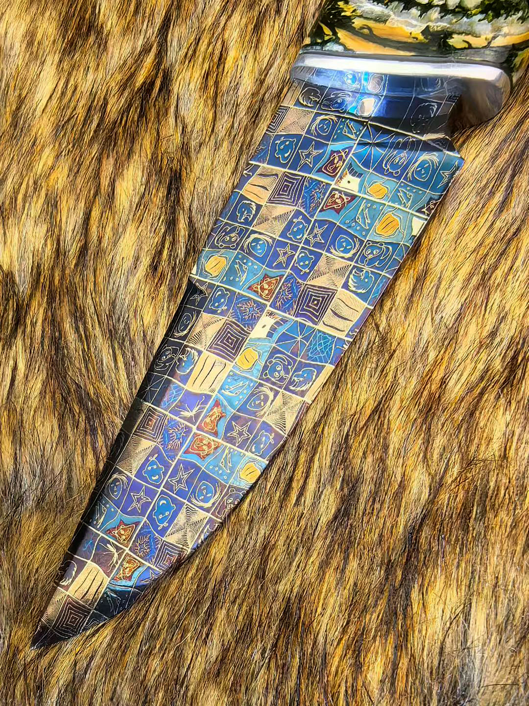 Blued Mosaic Damascus Fixed Blade Mammoth Molar Fossil & Desert Ironwood Edition - AK-HT1062
