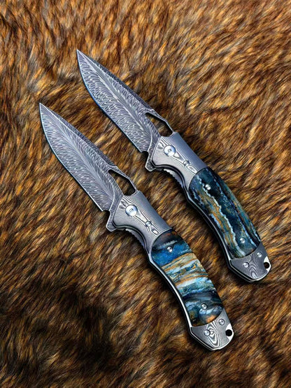 Hand Forged Feather Damascus Steel Folding Knife Mammoth Molar Fossil Handle - AK-HT1075