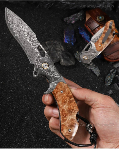 Handmade Japanese VG10 Damascus Pocket Knife Wood Handle Clip - AK-HT0940