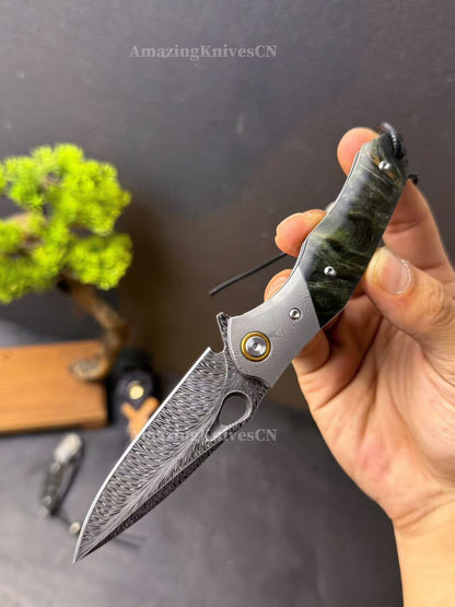 Handcrafted Feather Damascus Pocket Knife Wood Handle -AK-HT0994