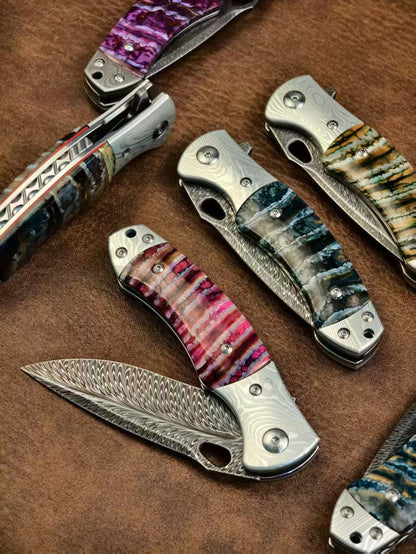 Collectible Feather Knife Folding Pocket Knife Survival Tactical Ball Bearing Flipper with Leather Sheath - AK-HT1010