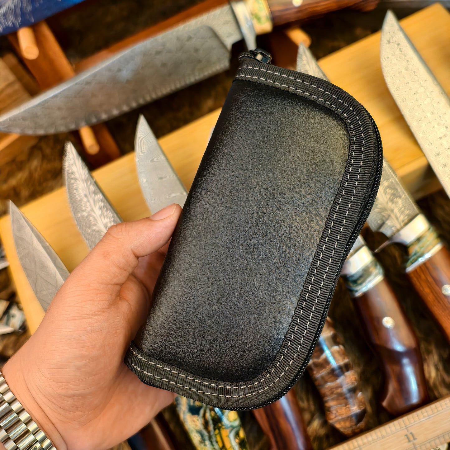 Feather Damascus Steel Folding Knife Mammoth Molar Fossil Handle - AK-HT1041