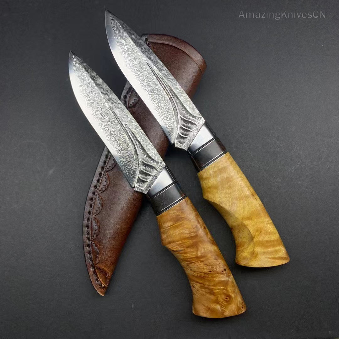 Handcrafted Damascus Vg10 Hunting Knife Survival Fixed Blade With Leather Sheath - AK-HT0935