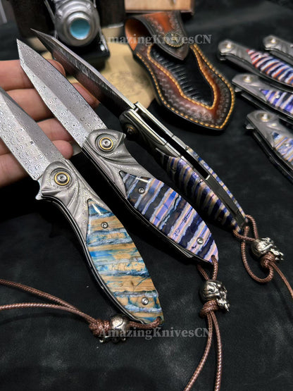 Rare Handcrafted High End Powder Steel Damascus Folding Knife- AK-HT1065
