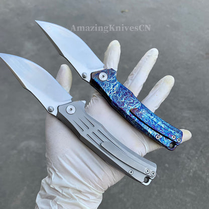 Sandvik 14C28N Steel Steel Pocket Knife TC4 Titanium Handle Ball Bearing with Clip - AK-HT1011