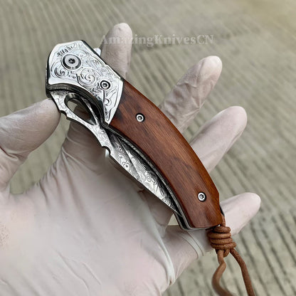 VG10 Damascus Steel Pocket Knife Desert Ironwood Handle Ball Bearing with Clip - AK-HT1012