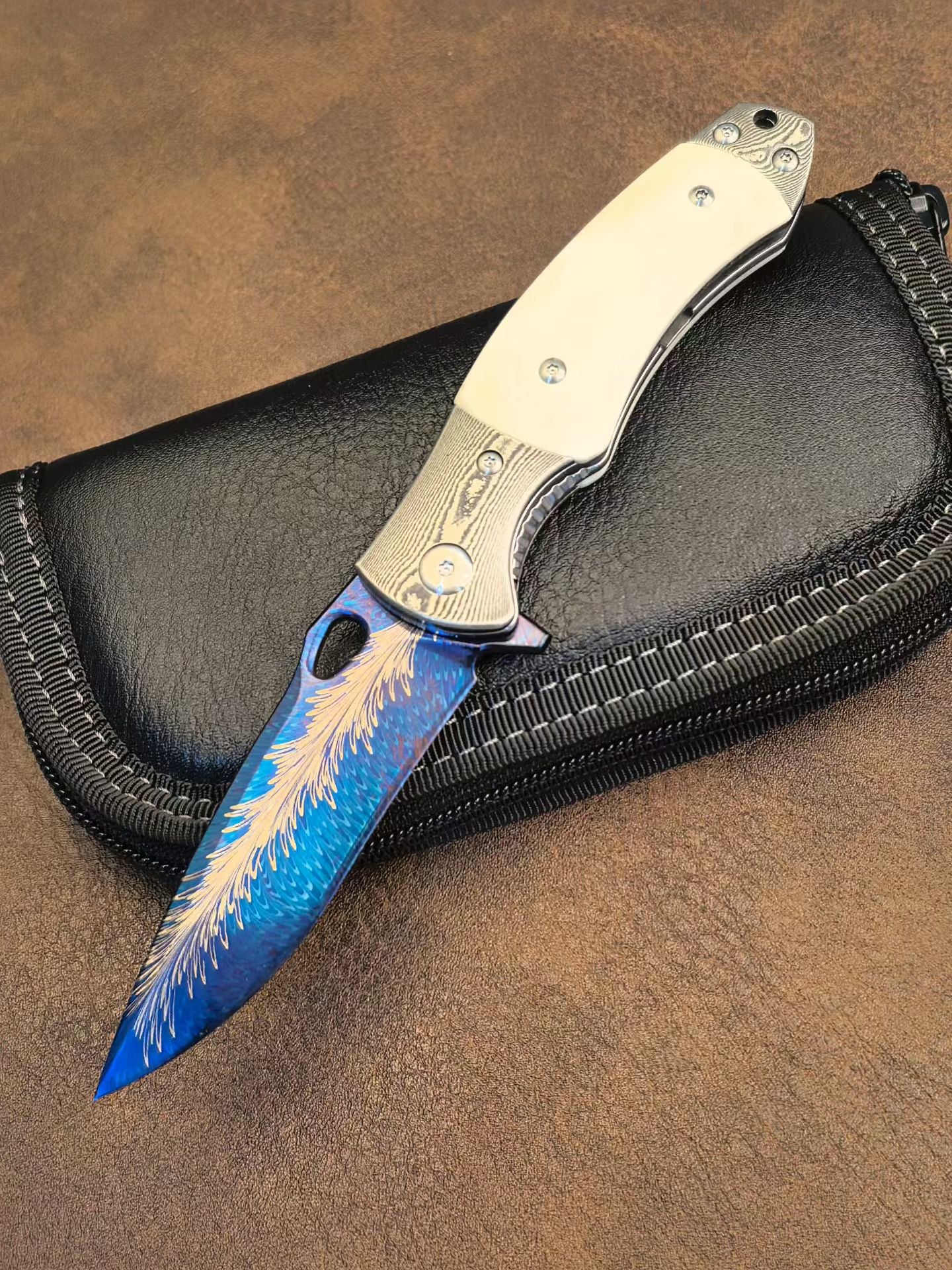 Hand-Forged Feather Damascus Folding Knife with Bone Handle - AK-HT1060