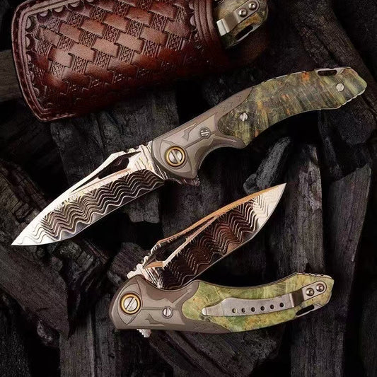 Artisan Folding Knife – Copper-Infused 67-Layer Damascus Steel, Stabilized Wood Handle - AK-HT1046