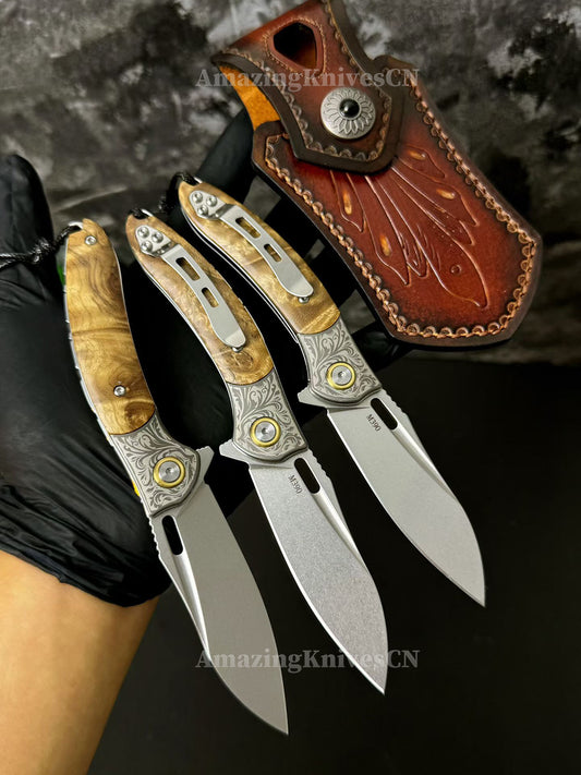 Desolate Horizon Blade – Handcrafted M390 Folding Knife with White Shadow Wood Handle - AK-HT1029