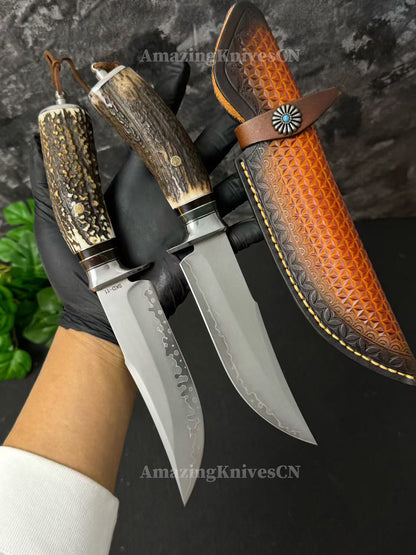 Handmade Japanese Skd-11 Steel Hunting Knife Survival Bowie Knife Full Tang Horn Handle - AK-HT0830