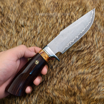 Rare Handforged Damascus Steel Ironwood Straight Hunting Outdoor Knife with Sheath- AK-HT0998