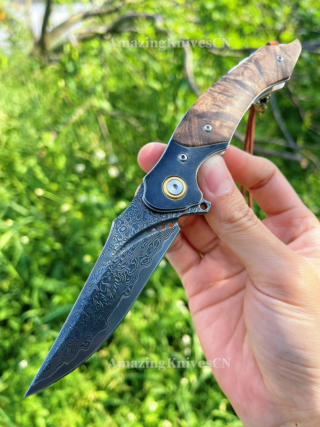 Handcrafted VG10 Damascus Folding Knife with Stabilized Wood Handle – Ball Bearing Quick Open - AK-HT1018