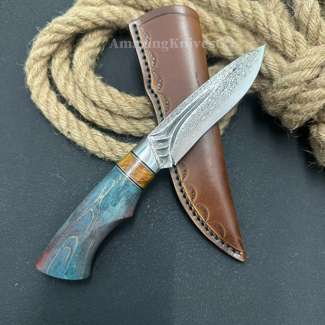 Handcrafted Damascus Vg10 Hunting Knife Survival Fixed Blade With Leather Sheath - AK-HT0935-S