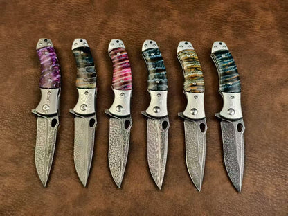 Collectible Feather Knife Folding Pocket Knife Survival Tactical Ball Bearing Flipper with Leather Sheath - AK-HT1010
