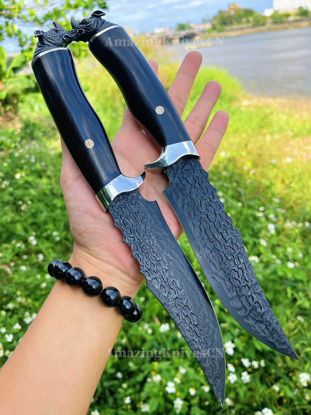 67-Layer VG10 Damascus Knife with Ebony Handle and Black Rhino Pommel - AK-HT1017