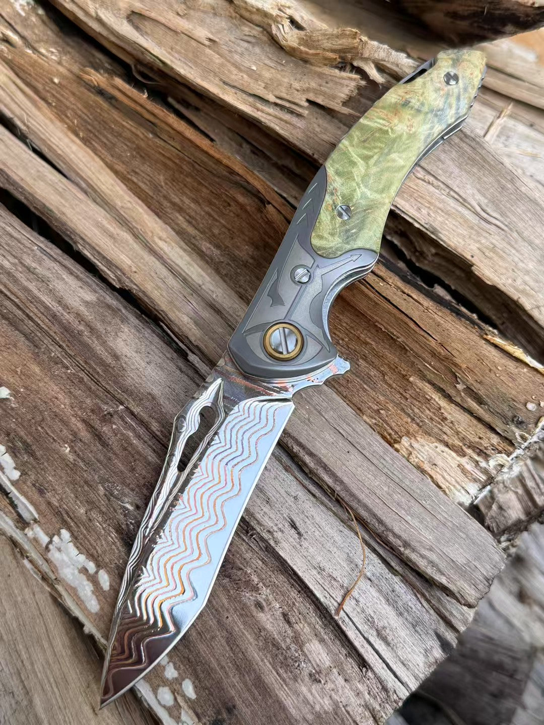 Artisan Folding Knife – Copper-Infused 67-Layer Damascus Steel, Stabilized Wood Handle - AK-HT1046