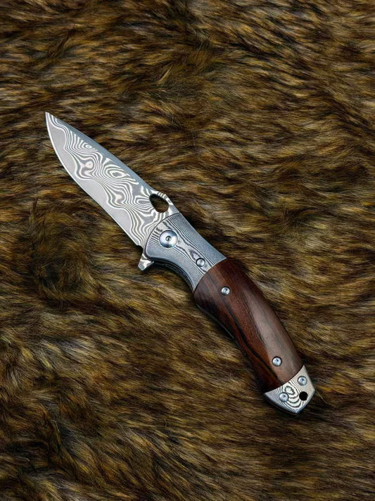 Handcrafted VG10 Damascus Steel Folding Knife Desert Ironwood Handle - AK-HT1073