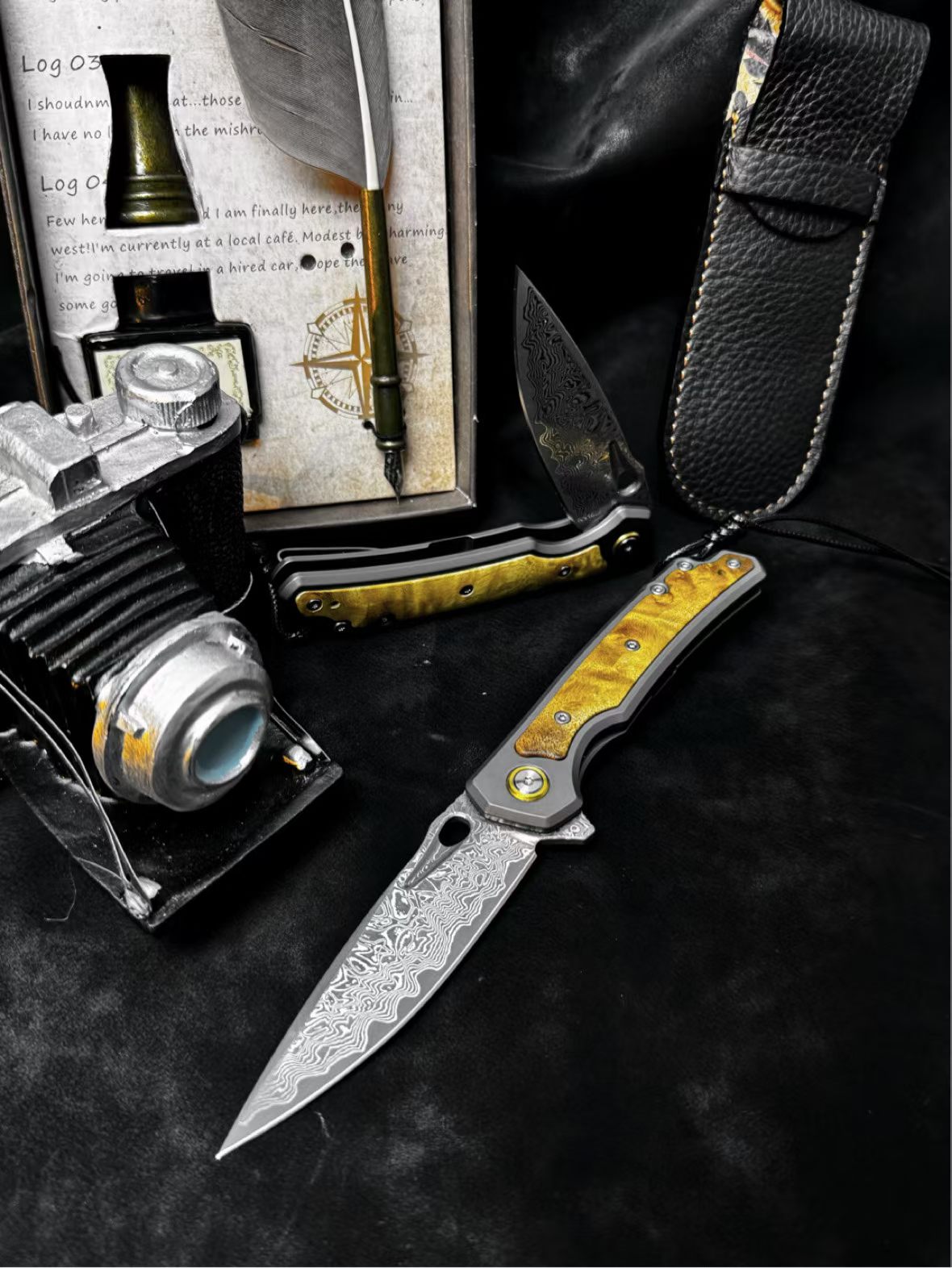 Handcrafted Damascus Folding Knife – Titanium & White Shadow Wood Handle - AK-HT0181