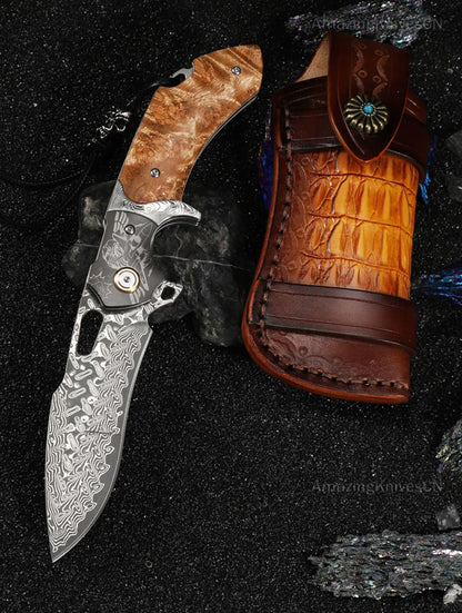 Handmade Japanese VG10 Damascus Pocket Knife Wood Handle Clip - AK-HT0940