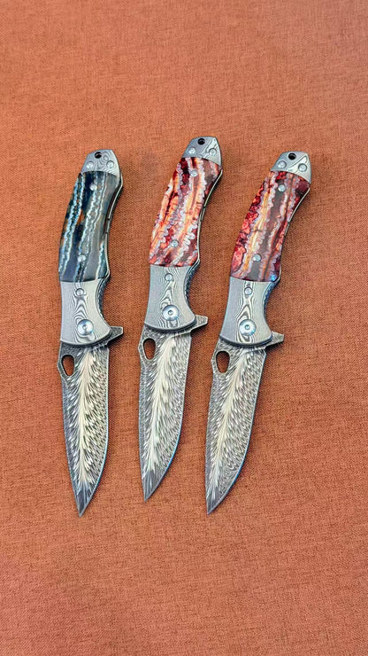 Collectible Feather Knife Folding Pocket Knife Survival Tactical Ball Bearing Flipper  - AK-HT1010-R