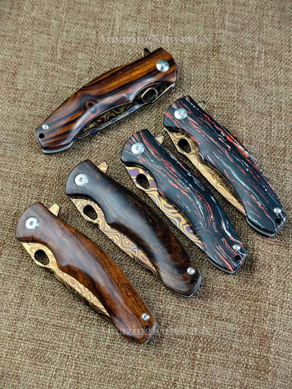 Collectible Nickel Damascus Folding Knife Pocket Knife with Leather Sheath - AK-HT1009