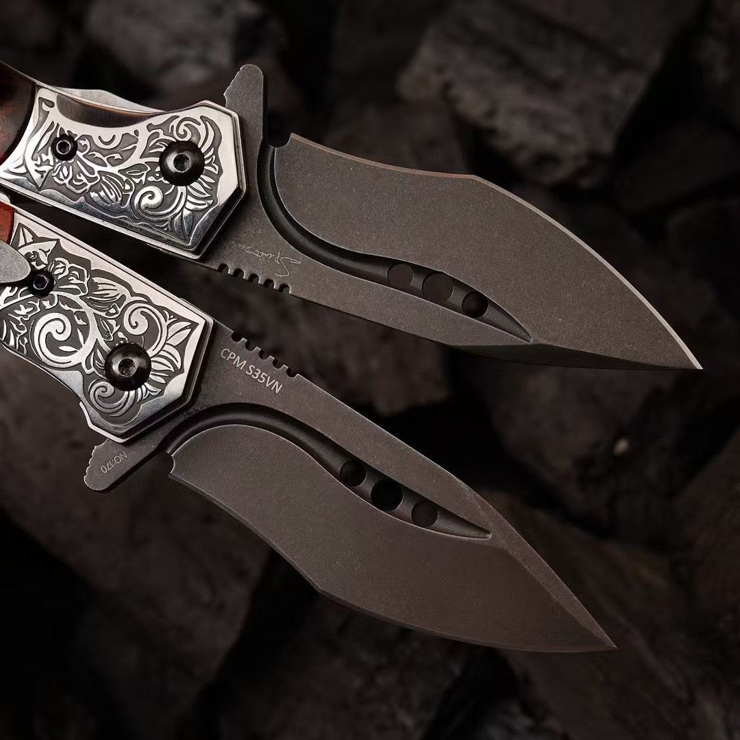 Handcrafted Folding Knife – CPM-S35VN Powder Steel, Rosewood Handle, Artisan Leather Sheath - AK-HT1037