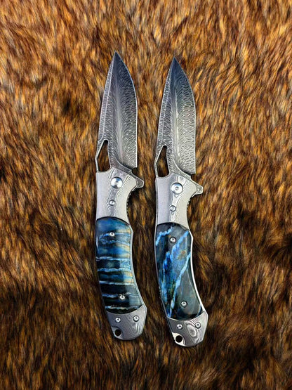 Hand Forged Feather Damascus Steel Folding Knife Mammoth Molar Fossil Handle - AK-HT1075