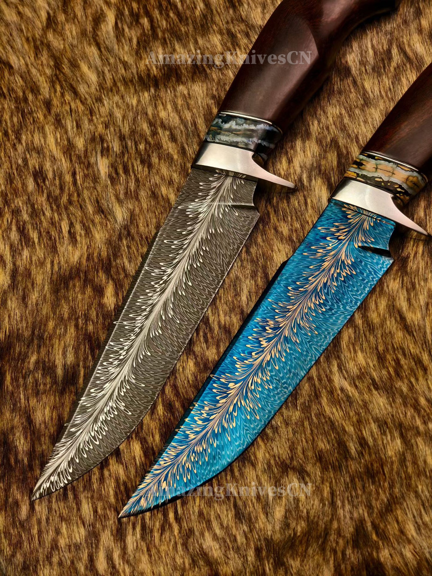 Top Tier Collectible Knife Luxury Handforged Feather Damacus Steel Bowie Knife with Leather Sheath - AK-HT1013