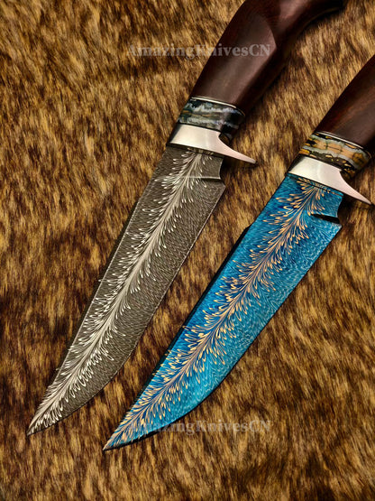 Top Tier Collectible Knife Luxury Handforged Feather Damacus Steel Bowie Knife with Leather Sheath - AK-HT1013