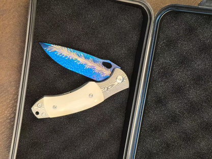 Hand-Forged Feather Damascus Folding Knife with Bone Handle - AK-HT1060